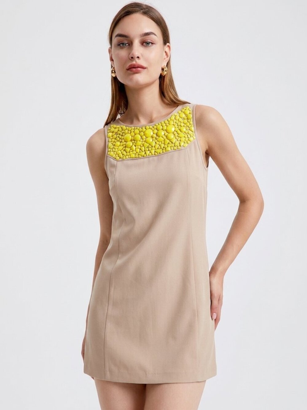 NWOT Tibi Iona Tan Yellow Beaded Shift Sleeveless Mini Dress